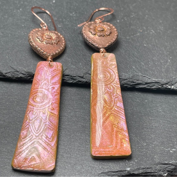 Hand Crafted Copper and Pink Dangle Embossed Resin Heart Earrings - Picture 9 of 13
